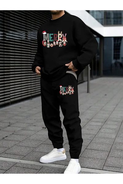Pink Sky Christmas Printed Hooded Sweatshirt Tracksuit Bottom Top Set