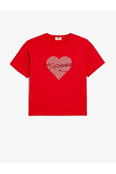 Koton Ataturk Signed Cotton Short Sleeve T-Shirt - Sequin Detail