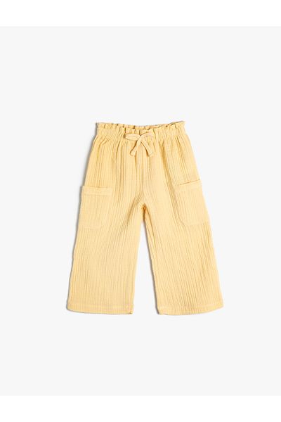 Koton Muslin Fabric Wide Leg Trousers - Pocket Detail and Elastic Waist