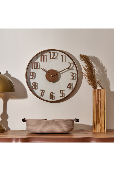 Regal Modern Ahşap Duvar Saati - Kahverengi / Şeffaf - 38 cm