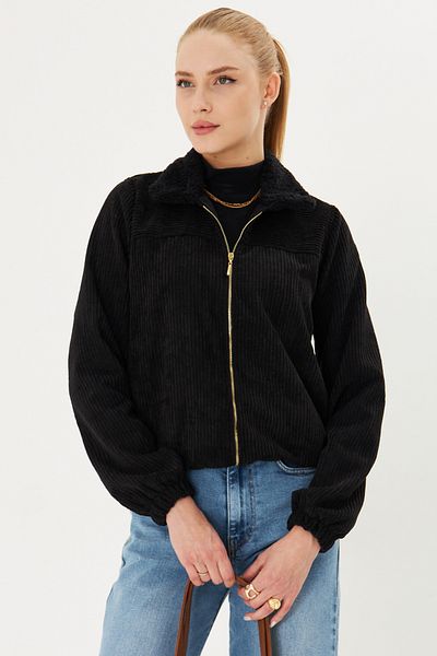 armonika Women's Black Sheepskin Coat with Sheepskin Pockets Thick Corduroy Elastic Waist Coat Arm-25K 001048