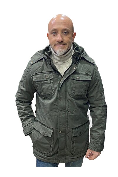 DYNAMO Men's Plus Size Military Green Hooded Fur Lined Waterproof Coated Thick Coat