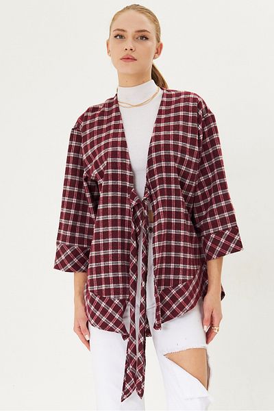 armonika Cămașă kimono în carouri cu cravată în față alb-visiniu pentru femei ARM-25K 001017