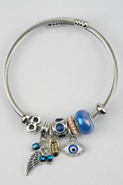 SherDesing عين الشر عين الملاك مجنح سوار الصلب اللون الأزرق