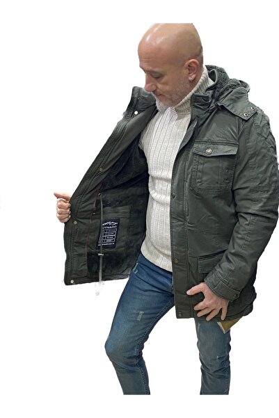 DYNAMO Men's Plus Size Military Green Hooded Fur Lined Waterproof Coated Thick Coat