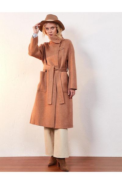 Kayra Premium Wool Double Pocket Double Breasted Coat Camel