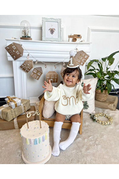 sevenpounds El İşlemeli Ekru Kazak Üzerine Krem ONE Yaş Kazağı