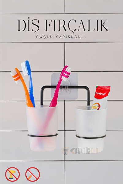 KaktüsKedi Yapışkanlı İkili Metal Diş Fırçalık