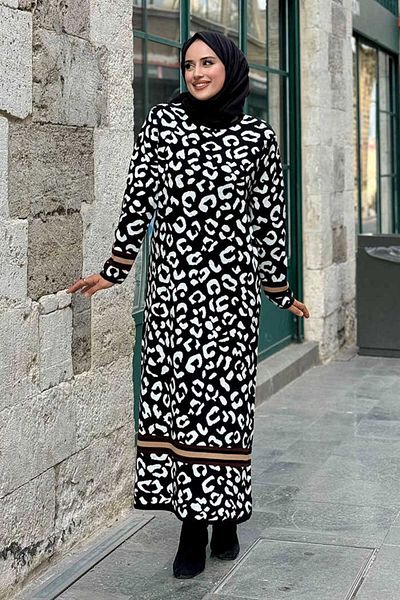 Bym Fashion Stripe Detailed Leopard Print Knitwear Dress 18200 Black-Ecru