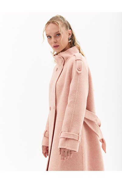 Kayra Premium Powder Color Fish Back Patterned Wool Coat