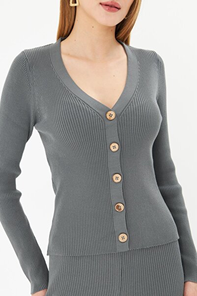 Irmak Kerekli Kadın Füme Fitilli Hırka Pantolon Alt-üst Triko Takım 1910