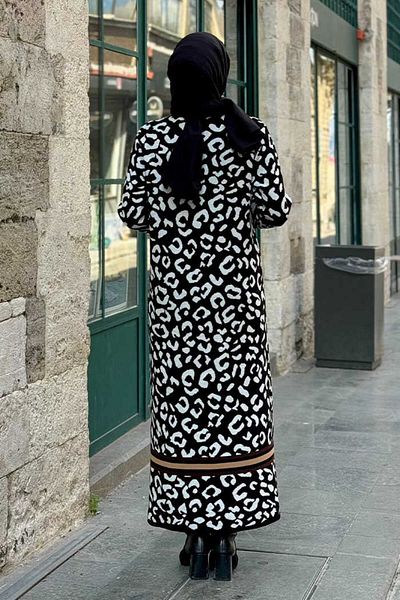 Bym Fashion Stripe Detailed Leopard Print Knitwear Dress 18200 Black-Ecru