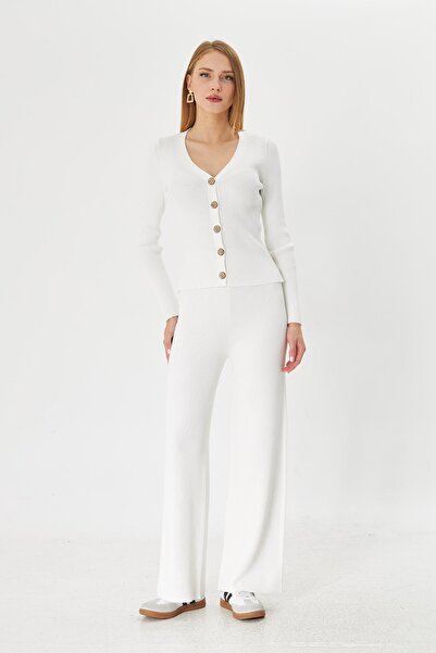 Irmak Kerekli Ženski pleteni komplet od ekrue - Rebrasto Kardigan i pantalone...