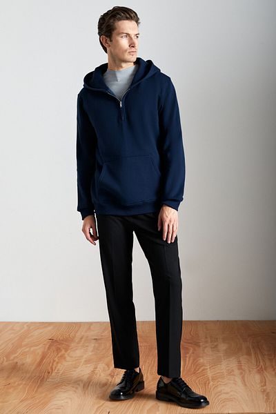 GRIMELANGE Cancelled Men's Cotton Hooded Zippered Neck Navy Blue Sweatshirt