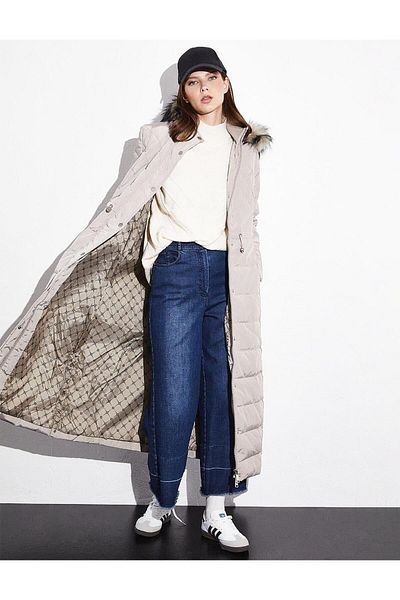 Kayra Goose Feather Filled Waist Gathered Long Coat Stone