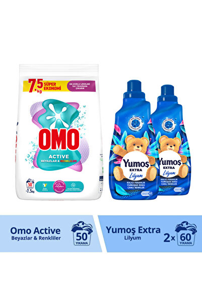Omo Toz Deterjan Active Beyazlar ve Renkliler 7.5KG x1 Lilyum Konsantre Yumuşatıcı 1440ml x 2