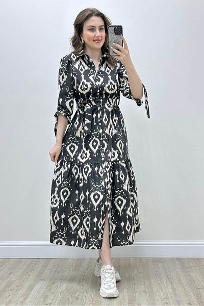 MaziButik Rochie din poplin imprimată cu jumătate de mânecă neagră