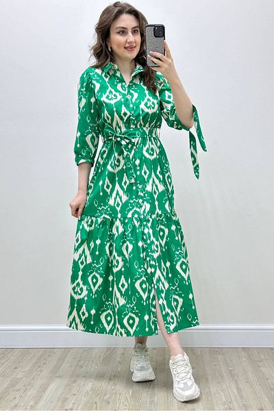 MaziButik Φόρεμα με μισό μανίκι με στάμπα ποπλίνα πράσινο
