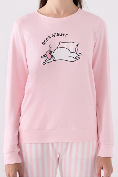 Arnetta Yuvarlak Yaka Kedi Baskılı Pembe Uzun Kol Pijama Takımı