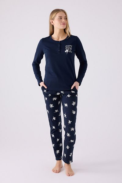Arnetta Navy Blue Placket Buttoned Collar Printed Pajamas Set