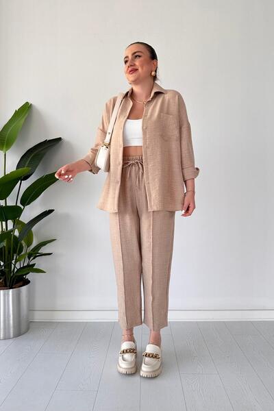 MaziButik Μπεζ Λινό Διπλό Σετ