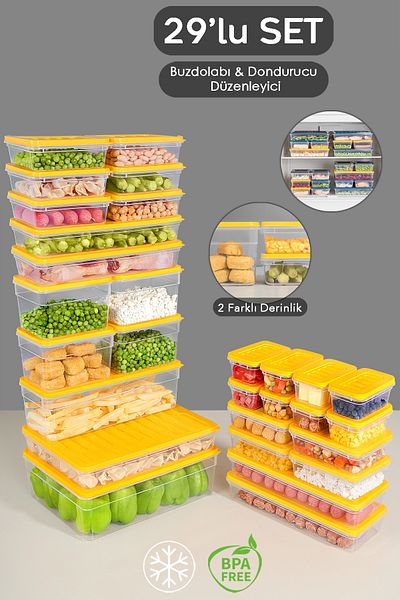 Meleni Home Yellow Refrigerator Organizer Set of 29 - Deep and Shallow Microwave Freeze Container