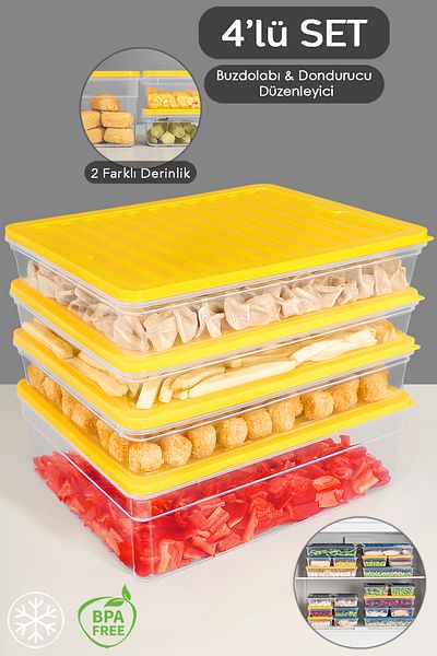 Meleni Home Refrigerator Organizer Set of 4 - Deep and Shallow Microwave Freeze Container, Yellow XL