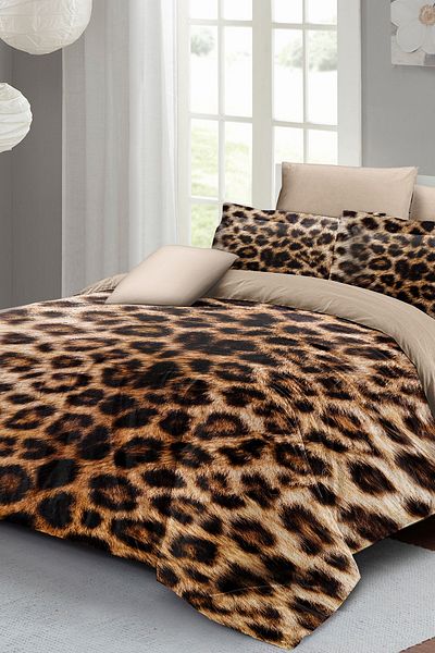 MonoHome King Size 100% Cotton Satin Double Duvet Cover Set Leopard Feather 220X240Cm