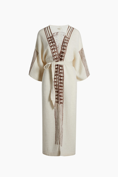 İKİKIZ Crinkle Linen Brown Printed Kimono