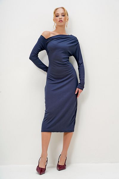 Trend Alaçatı Stili Anthracite Color Boat Neck Draped Maxi Dress - Alc-X13040