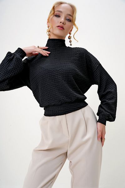 Trend Alaçatı Stili Women's Black Half Turtleneck Seersucker Fabric Crop Blouse Alc-X13124