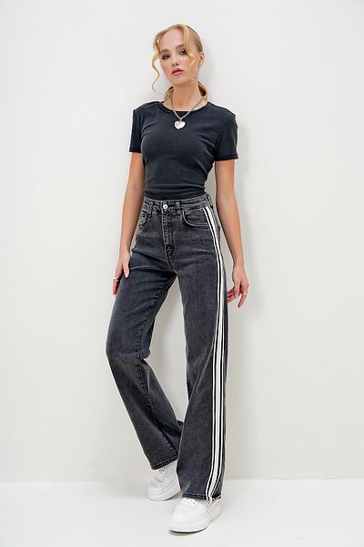 Trend Alaçatı Stili Women's Anthracite 5-Pocket Washed Stripe Detailed Mom Jeans Alc-X13050