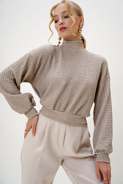 Trend Alaçatı Stili Women's Beige Half Turtleneck Seersucker Fabric Crop Blouse Alc-X13124