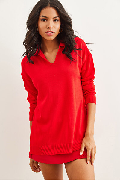 Olalook Kadın Kırmızı Polo Yaka Basic Triko Kazak KZK-19000871