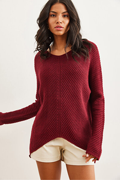 Olalook Kadın Bordo Verev Örgülü V Yaka Selanik Kazak KZK-19000867