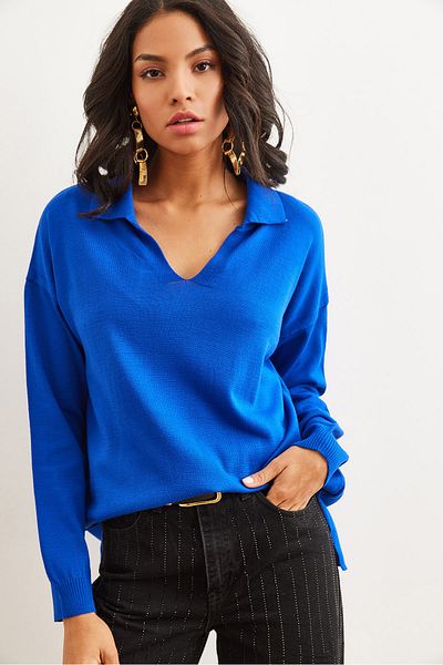 Olalook Women's Saks Blue Polo Collar Basic Knitwear Sweater Kzk- 19000871
