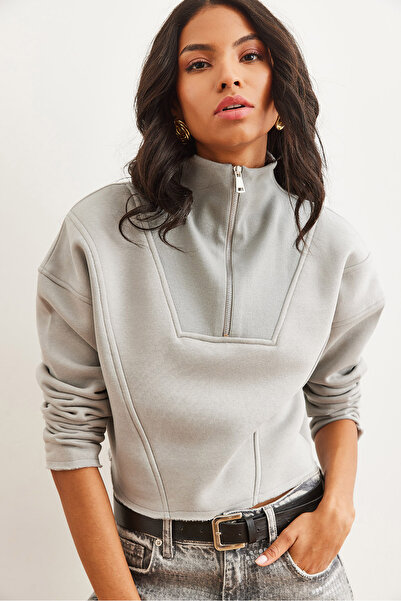 Olalook Kadın Yunus Gri Dik Yaka Fermuarlı Şardonlu Crop Kalın Sweatshirt SWT-19000696