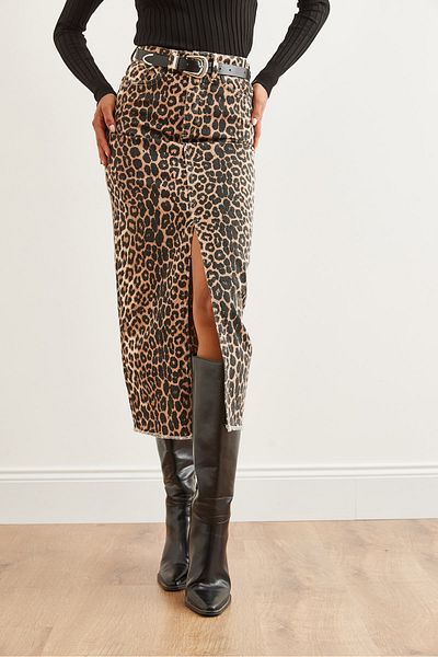 Olalook Damen-Gabardine-Rock mit Leopardenmuster, Steintasche und Schlitz – ETK- 19000285