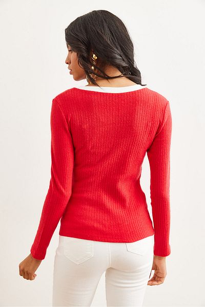 Olalook Damen-Bluse mit rot-weißem Kragen und detailliertem, rostigem Lycra-Bluse BLZ- 19002746