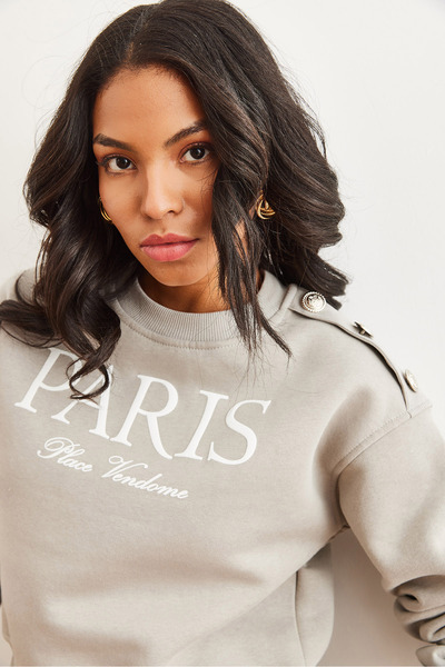 Olalook Hanorac crop pentru femei, gri Yunus, cu nasturi pe umeri - SWT- 19000695