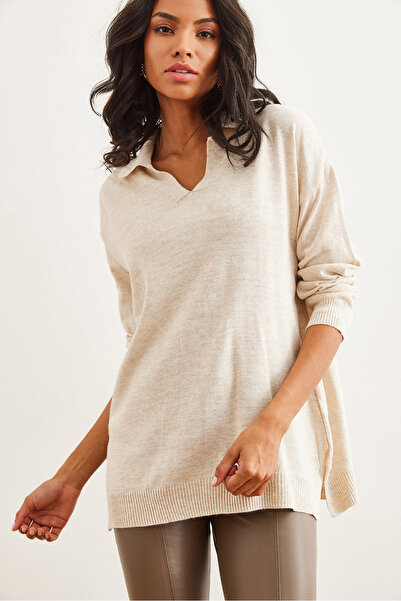 Olalook Women's Stone Polo Collar Basic Knitwear Sweater Kzk- 19000871