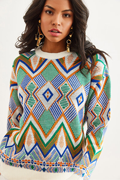 Olalook Ecru Rug Patterned Women's Knitwear Sweater - Kzk- 19000869