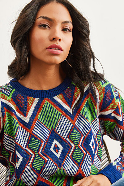 Olalook Navy Blue Rug Patterned Women's Knitwear Sweater - Kzk- 19000869