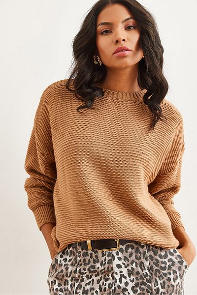 Olalook Női Camel Crew Neck Links Kötött kötöttáru Pulóver KZK- 19000870