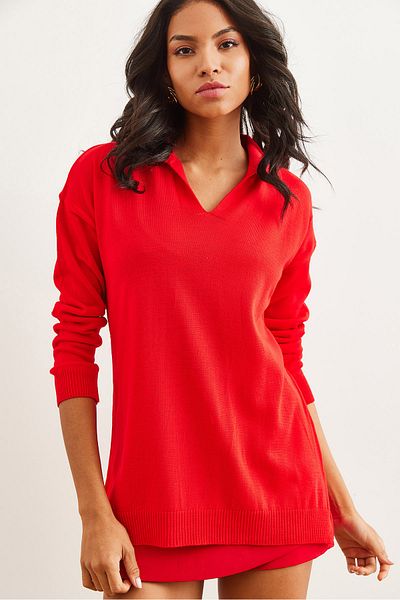 Olalook Women's Red Polo Collar Basic Knitwear Sweater Kzk- 19000871