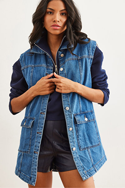 Olalook Vestă lungă din denim cu buzunar albastru pentru femei YLK- 19000039