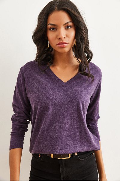 Olalook Damen Lila V-Ausschnitt Wolle Viskose Fließende Bluse BLZ- 19002729