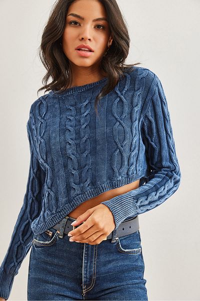 Olalook Indigo Women's Crop Knitwear Sweater - Hair Knit Asymmetrical Washed Kzk- 19000865