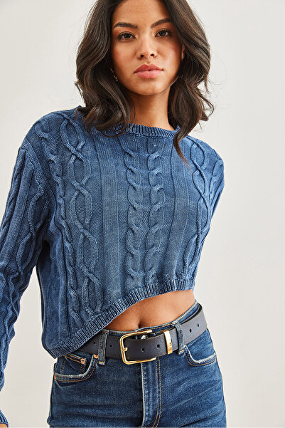 Olalook Індіго жіночий трикотажний светр з кроп-трикотажу Пуловер Оргу асиметричний прання KZK19000865