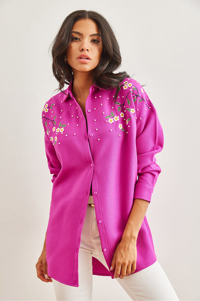 Olalook Γυναικείο χειμωνιάτικο πουκάμισο με φούξια κέντημα και μαργαριταρένιο μάλλινο εφέ - GML- 19001159